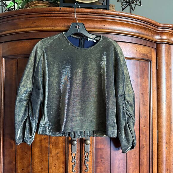 Tibi Lurex Shirred Metallic Sparkly Cropped Top  Holidays Party - Gold Small - Picture 3 of 9